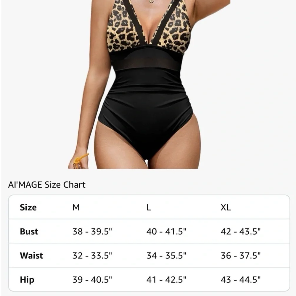 Black & Leopard Print Mesh One Piece Swimsuit Slimming Tummy Control L XL NWT - Picture 12 of 12